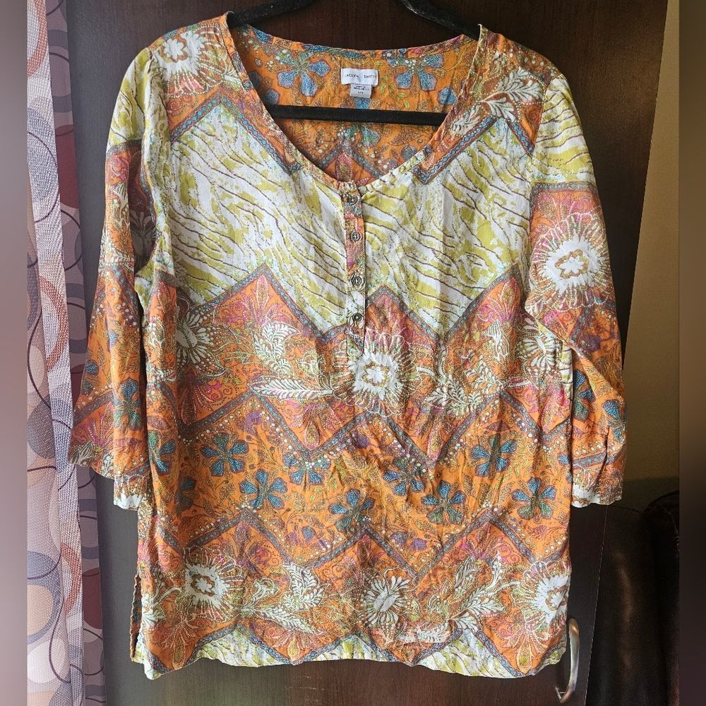 Jaclyn Smith Orange and Green Patterned Thin Blouse Size Large